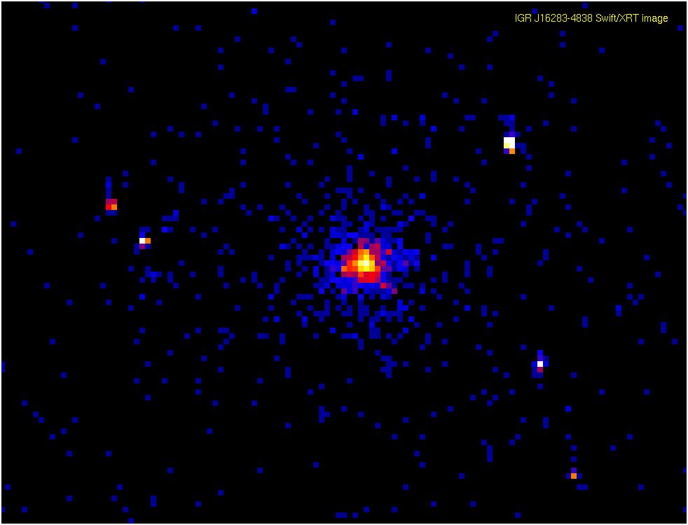 Eine Aufnahme von NASAs Swift Röntgen-Teleskop von IGR J16283-4838. Der Neutronenstern und sein Begleiter erscheinen als ein heller Fleck im Röntgenlicht.
