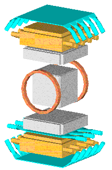 scheme of detector stack. Upper (ToF, Cherenkov, Driftchamber), Magnet Coils, lower Driftchamber, middle ToF, lower (Cherenkov and ToF)