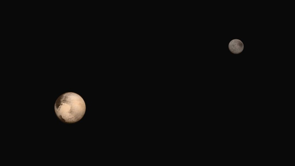 Portrait of Pluto and Charon together! The latest two full-frame images of the dwarf planet and its largest moon were collected separately by our New Horizons spacecraft during approach. The relative reflectivity, size, separation, and orientations of Pluto and Charon are approximated in this composite image, and they are shown in approximate true color. Image Credit: NASA/JHUAPL/SWRI Read more.