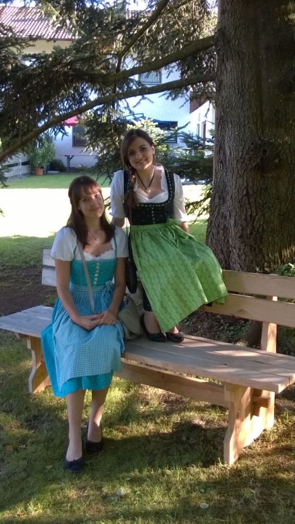 Daniela and Verena in traditional German costumes.