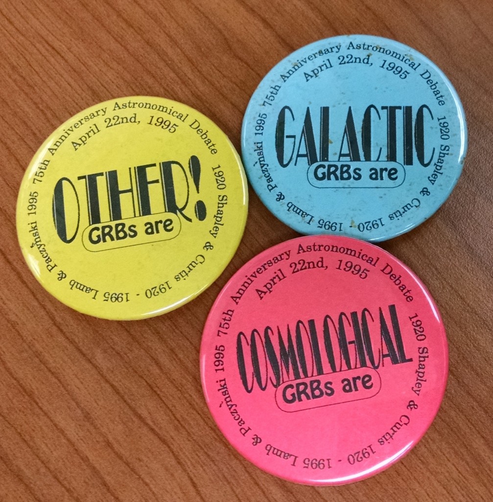 In 1995, astronomers held an event to debate the scientific evidence about the distance to gamma-ray bursts. At the time, it was unclear whether they originated in our galaxy or beyond. At the debate, scientists were given a set of badges so that they could display which side of the debate they were on - galactic, cosmological or other. 