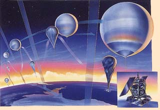 artist drawing of balloons over Earth with varying paths