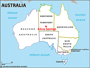 Map of Australia. General location of Alice Springs