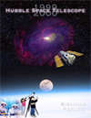 Cover of Hubble Biennial Report showing composite graphic of gallaxy, Hubble, the moon above earth