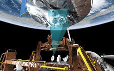 Artist depiction showing one of the RNS system's cameras collecting data during Hubble's deployment back into space after the mission is complete.