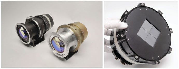 Left.| Two lens prototypes that were constructed. Right.| The detector assembly of one of the prototype lenses. The frame-store regions of the CCDs are covered.