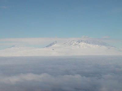Looking at Mt. Erebus from the cockpit