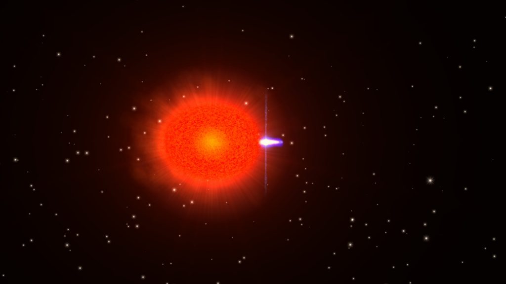This illustration shows a pulsar just about to be eclipsed by its red giant companion star.  Credit: NASA/Goddard Space Flight Center
