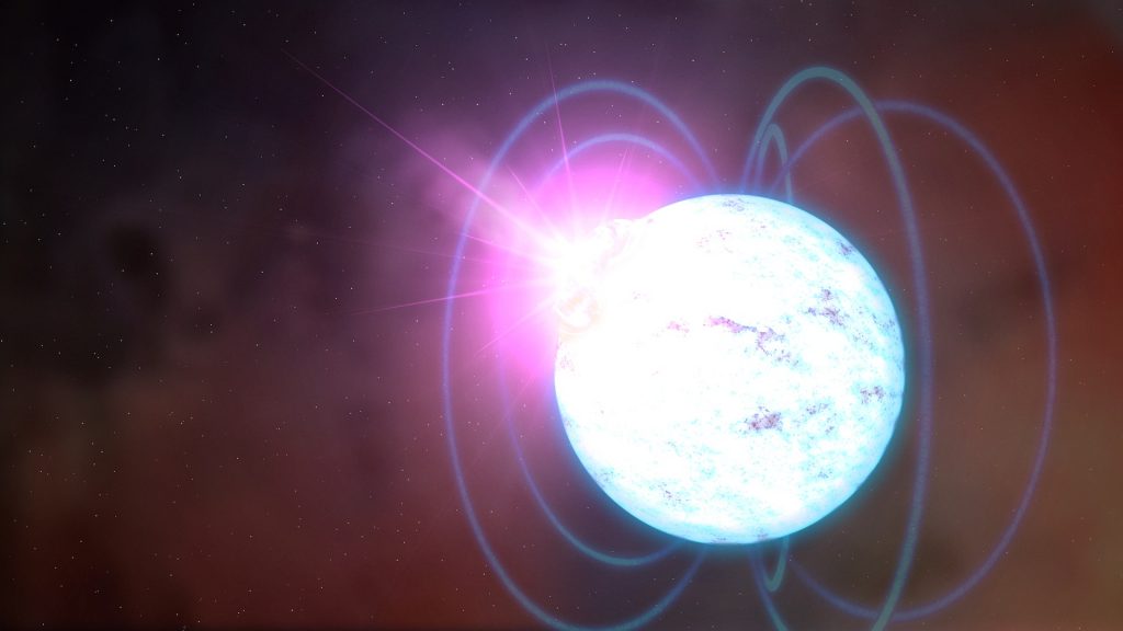 An illustration of an outburst on an ultra-magnetic neutron star, also called a magnetar, showing magnetic field lines. Credit: NASA's Goddard Space Flight Center