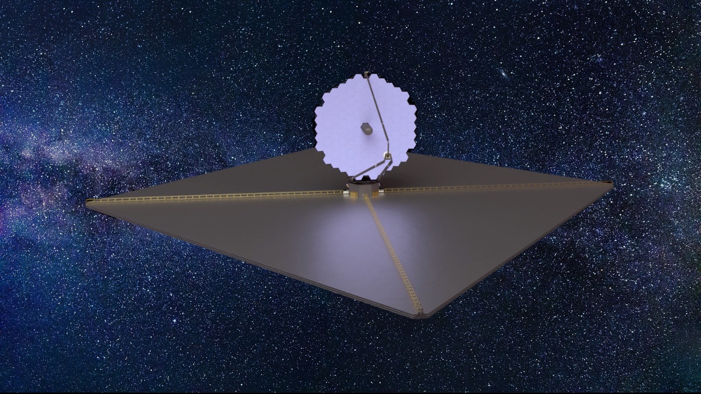 LUVOIR-A (15-m telescope diameter) observatory rendering with star field background.