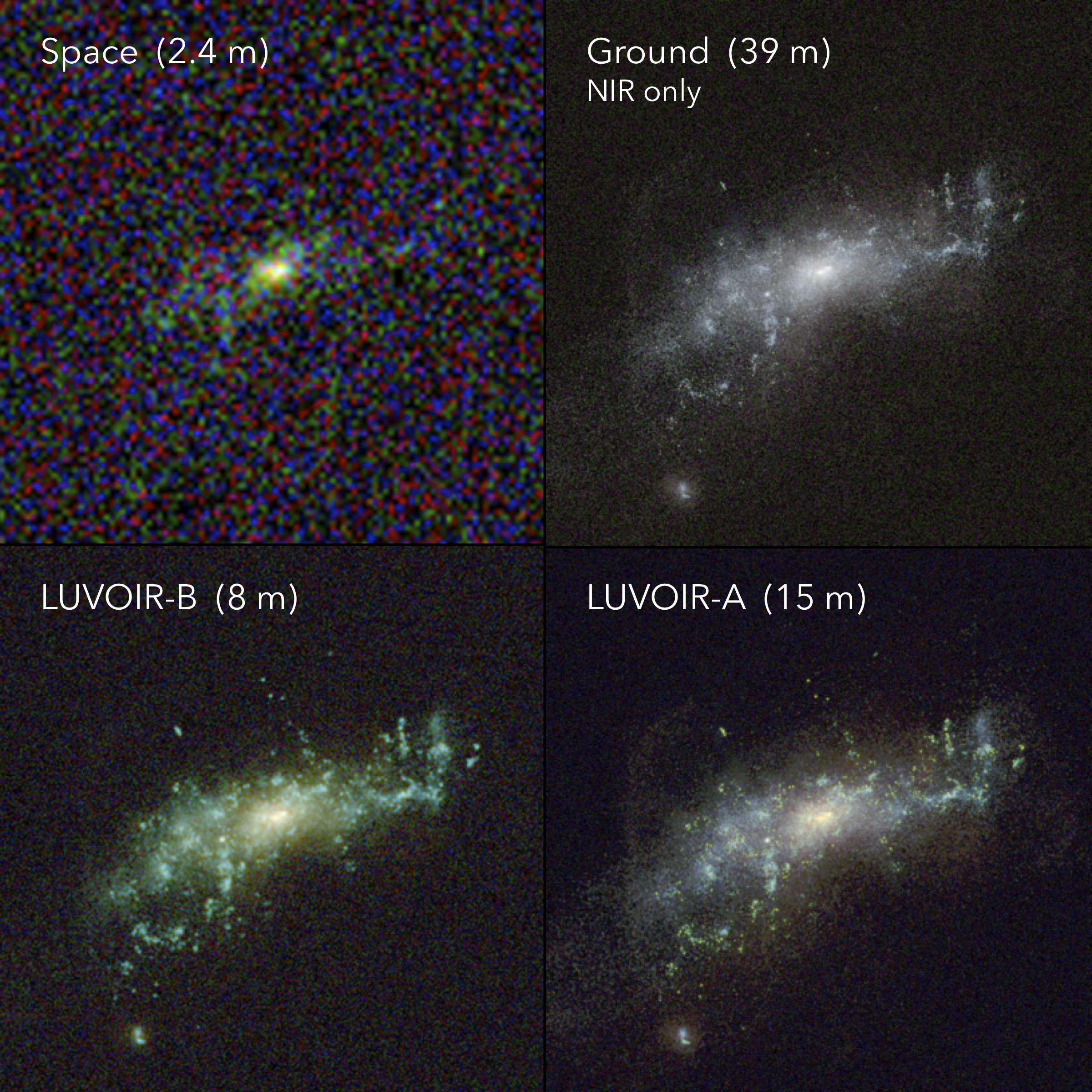 A distant low-mass galaxy imaged with Hubble, a future extremely large ground-based telescope, and LUVOIR.