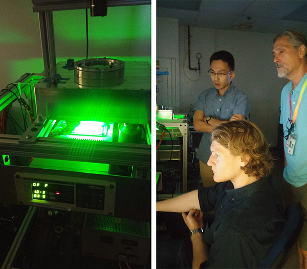 Photos of NGMSA-Big θ functional tests conducted at the product acceptance test. Left: the functional test chamber in 2D addressing tests. Right: Prof. McCandliss PI, and his student B. Welch from JHU, and. NASA test engineer K. Kim.