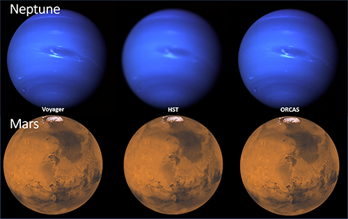 Images of Neptune and Mars as observed by Voyager, HST, and PSG simulations with ORCAS.
